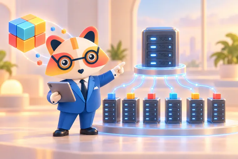 The Huru mascot holding a tablet and pointing at a central server connected by glowing lines to six smaller servers, each holding a colored block split from a large floating data cube
