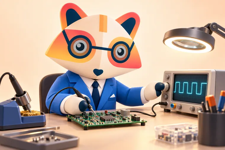 The Huru mascot probing a green circuit board while adjusting an oscilloscope showing a square wave, with a soldering iron and magnifier lamp nearby