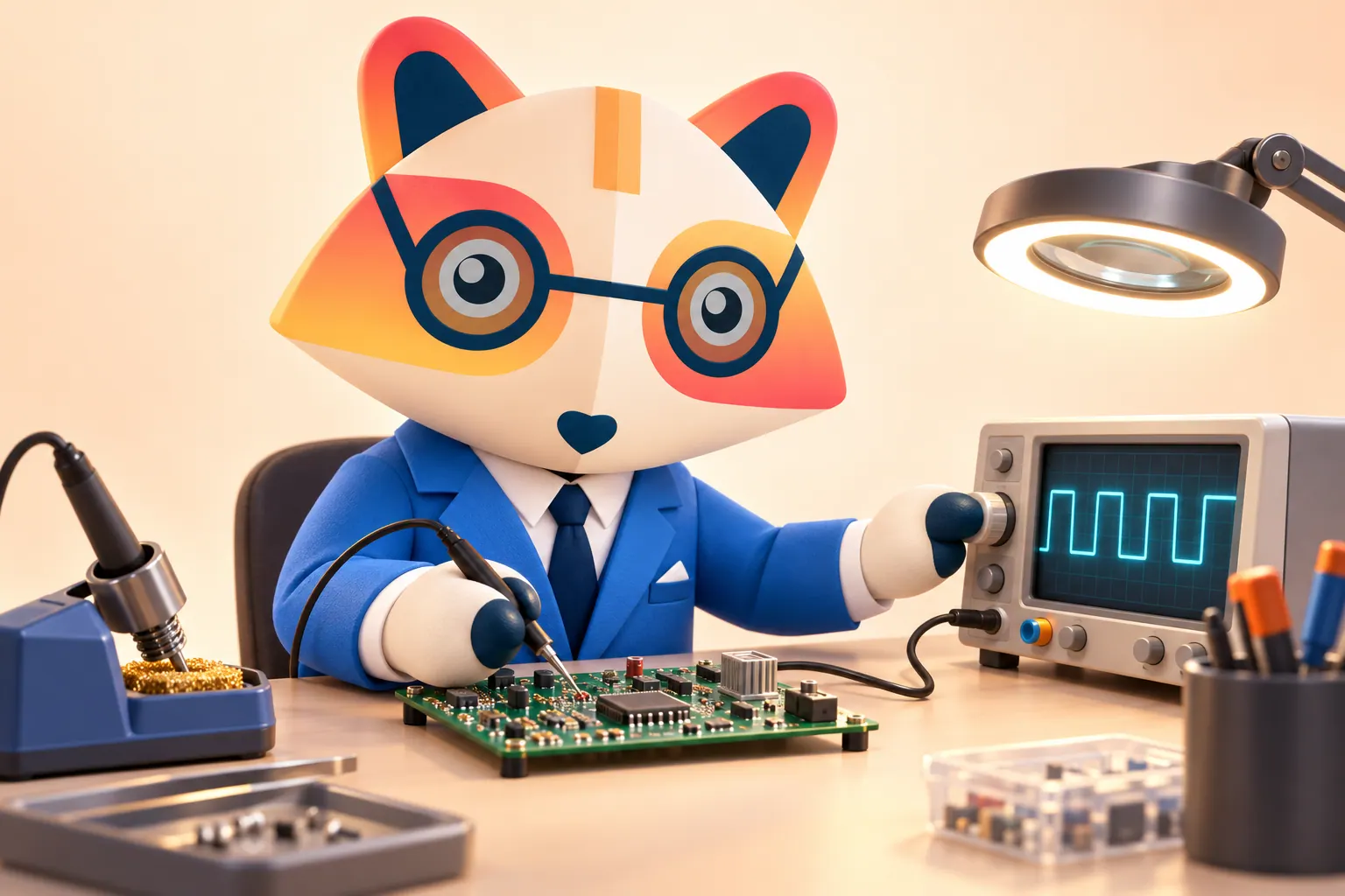 The Huru mascot probing a green circuit board while adjusting an oscilloscope showing a square wave, with a soldering iron and magnifier lamp nearby