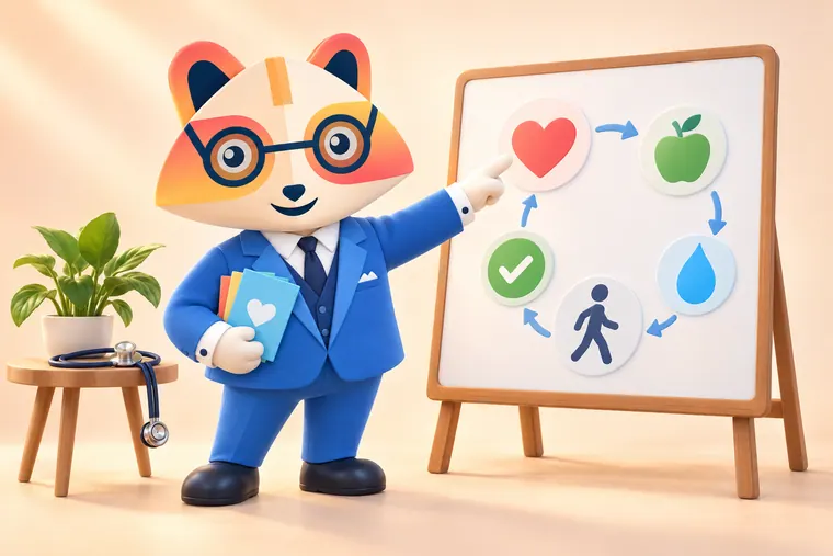 The Huru mascot holding colorful leaflets and pointing at a board with a heart, apple, water drop, walking figure and check mark connected by arrows, next to a stethoscope and a plant