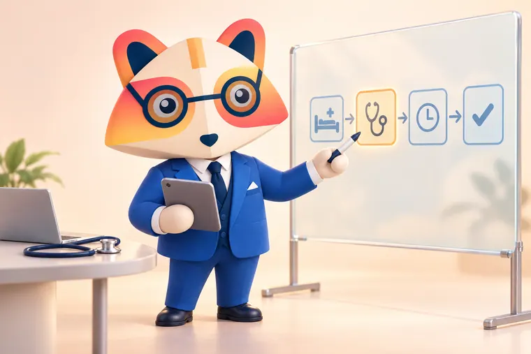 The Huru mascot holding a tablet and a marker beside a glass board showing a patient flow diagram: a bed, a stethoscope, a clock and a check mark