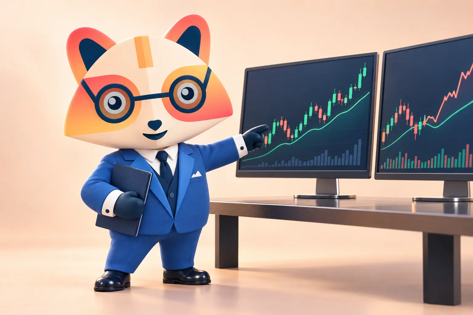 The Huru mascot holding a folder and pointing at a rising line on one of two monitors showing candlestick charts