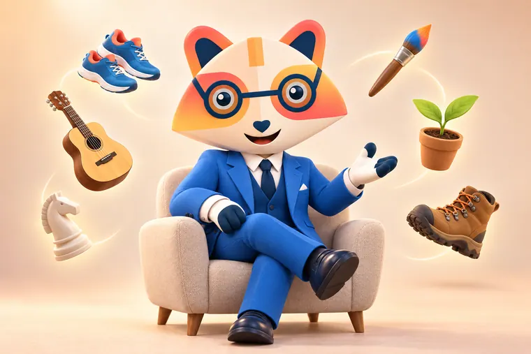 The Huru mascot relaxed in an armchair, gesturing as it talks, surrounded by floating hobby objects: running shoes, a guitar, a chess knight, a paintbrush, a seedling and a hiking boot