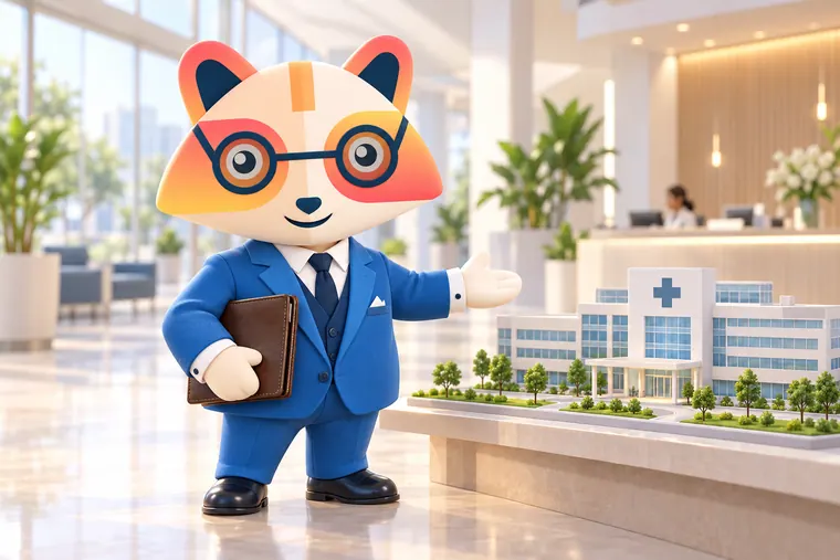 The Huru mascot in a bright hospital lobby holding a leather folder and gesturing toward a model of a hospital building on the reception counter