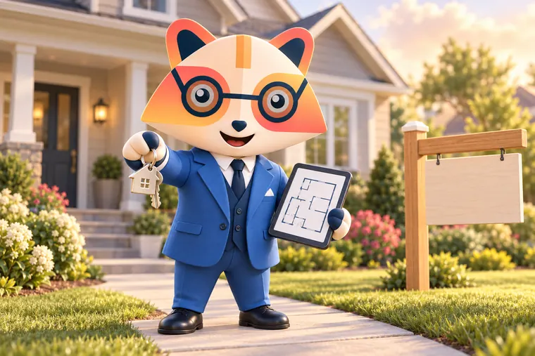 The Huru mascot on the path of a suburban house holding out a set of house keys and a tablet with a floor plan, next to a blank wooden yard sign