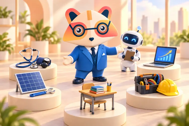 The Huru mascot gesturing toward small dioramas on pedestals: a stethoscope and blood-pressure cuff, a solar panel with a wrench, a classroom desk, an electrician's toolbox with a hard hat, and a laptop with a rising chart, with a friendly robot holding a clipboard