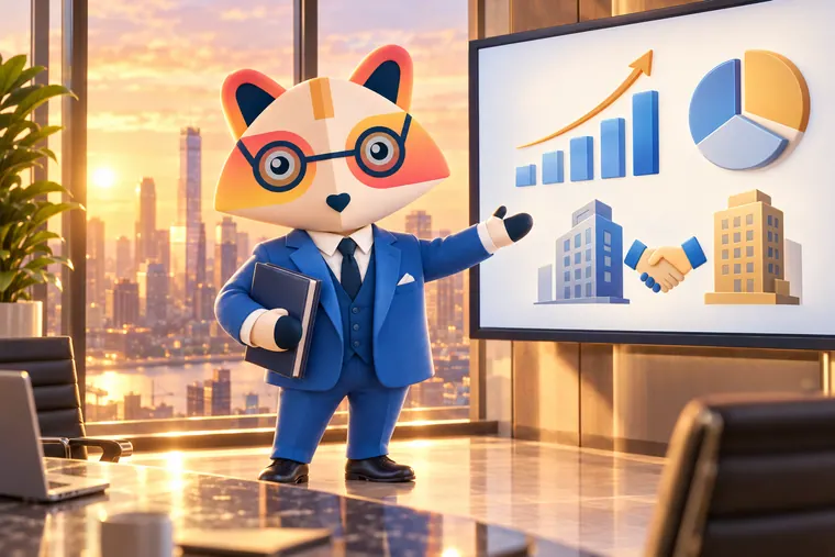 The Huru mascot holding a pitch book and pointing at a screen with a rising bar chart, a pie chart and two buildings joined by a handshake, in an office above a city at sunset