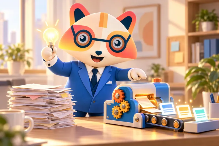 The Huru mascot holding up a glowing lightbulb and pointing at a small colorful machine with gears that turns a messy stack of paper forms into tidy glowing digital cards