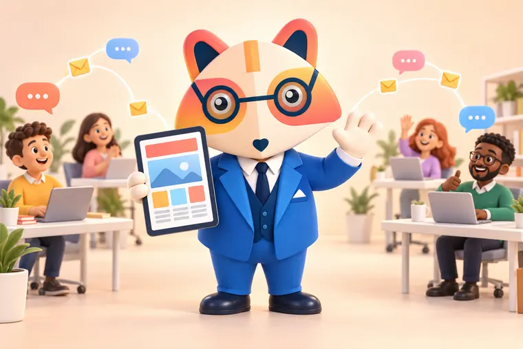 The Huru mascot waving and holding a tablet showing a newsletter layout in an open-plan office, with speech bubbles and envelopes flowing to smiling colleagues at their desks