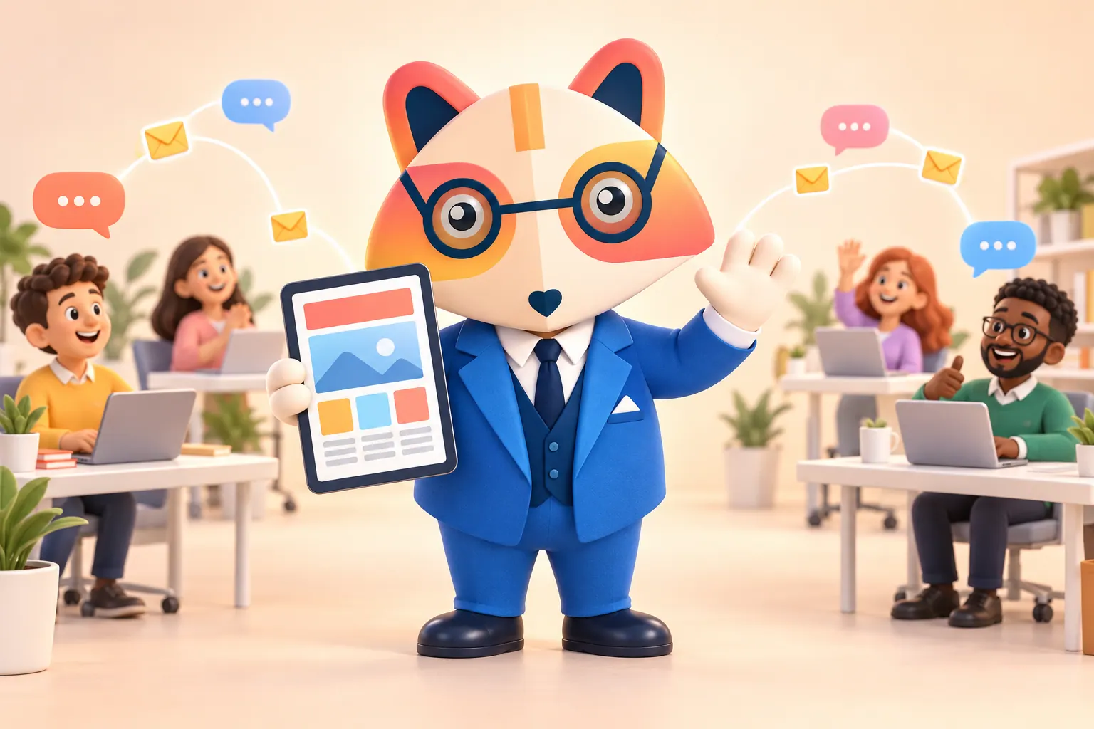 The Huru mascot waving and holding a tablet showing a newsletter layout in an open-plan office, with speech bubbles and envelopes flowing to smiling colleagues at their desks