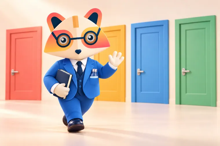 The Huru mascot walking past a row of four colored meeting-room doors with a notebook under one arm, waving