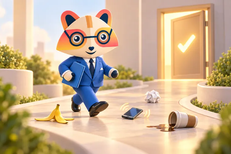 The Huru mascot walking confidently along a path toward a door with a glowing check mark, stepping around a banana peel, a ringing phone, a spilled coffee and a crumpled paper