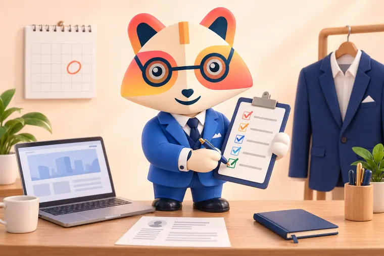 The Huru mascot ticking the last item on a colorful checklist at a desk with a laptop, resume, notebook and a blazer on a hanger