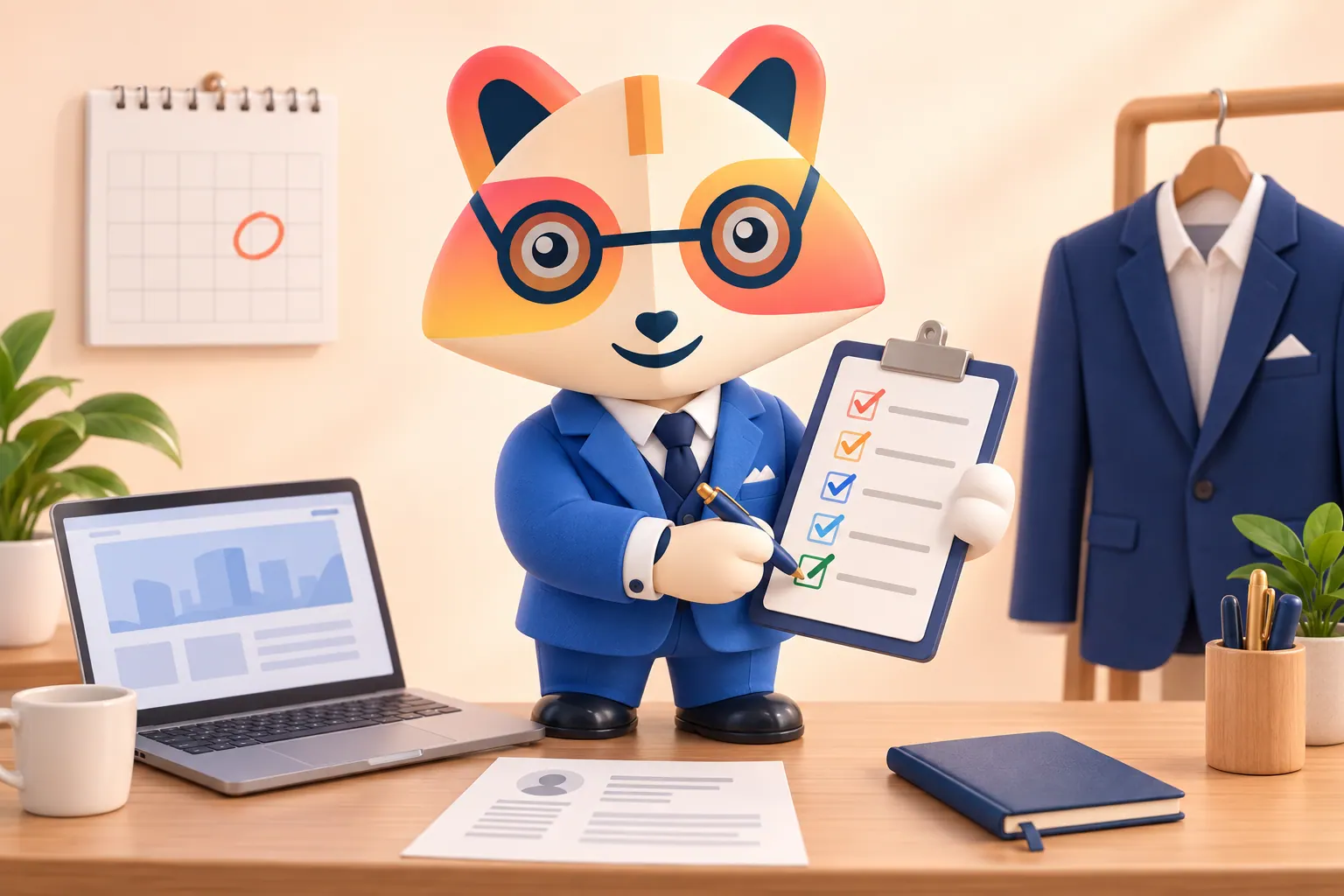 The Huru mascot ticking the last item on a colorful checklist at a desk with a laptop, resume, notebook and a blazer on a hanger