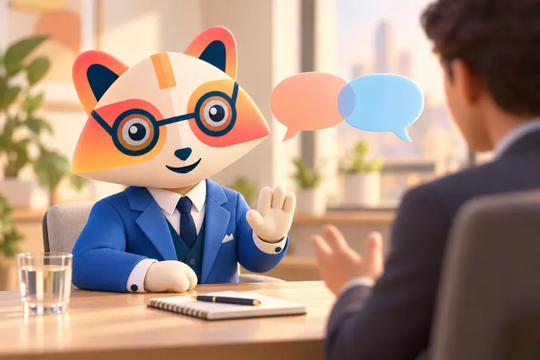 The Huru mascot at an interview table calmly raising an open palm and smiling while an interviewer across the table leans in mid-sentence, with two overlapping speech bubbles between them