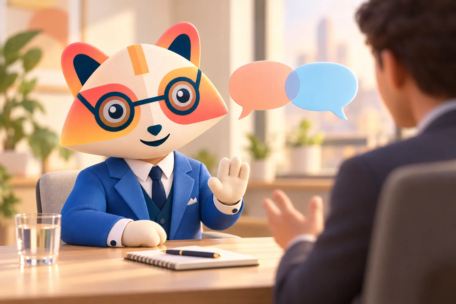 The Huru mascot at an interview table calmly raising an open palm and smiling while an interviewer across the table leans in mid-sentence, with two overlapping speech bubbles between them
