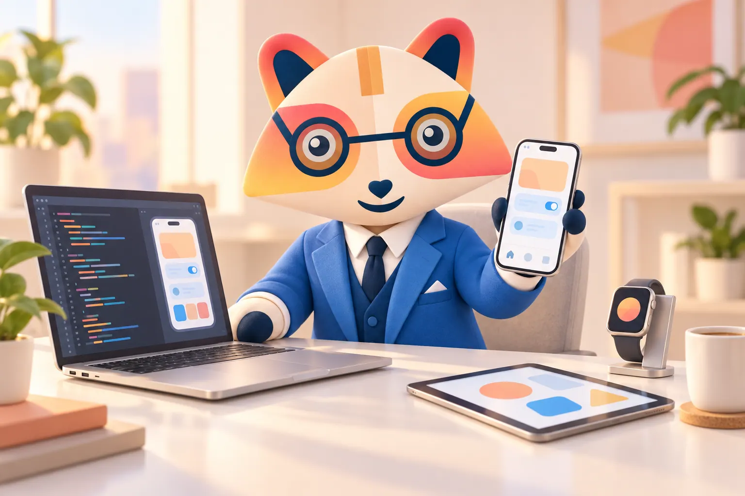 The Huru mascot at a white desk holding up a smartphone showing a minimal app with cards, a toggle and a tab bar, next to a laptop with a code editor and phone preview, a smartwatch, a tablet and coffee