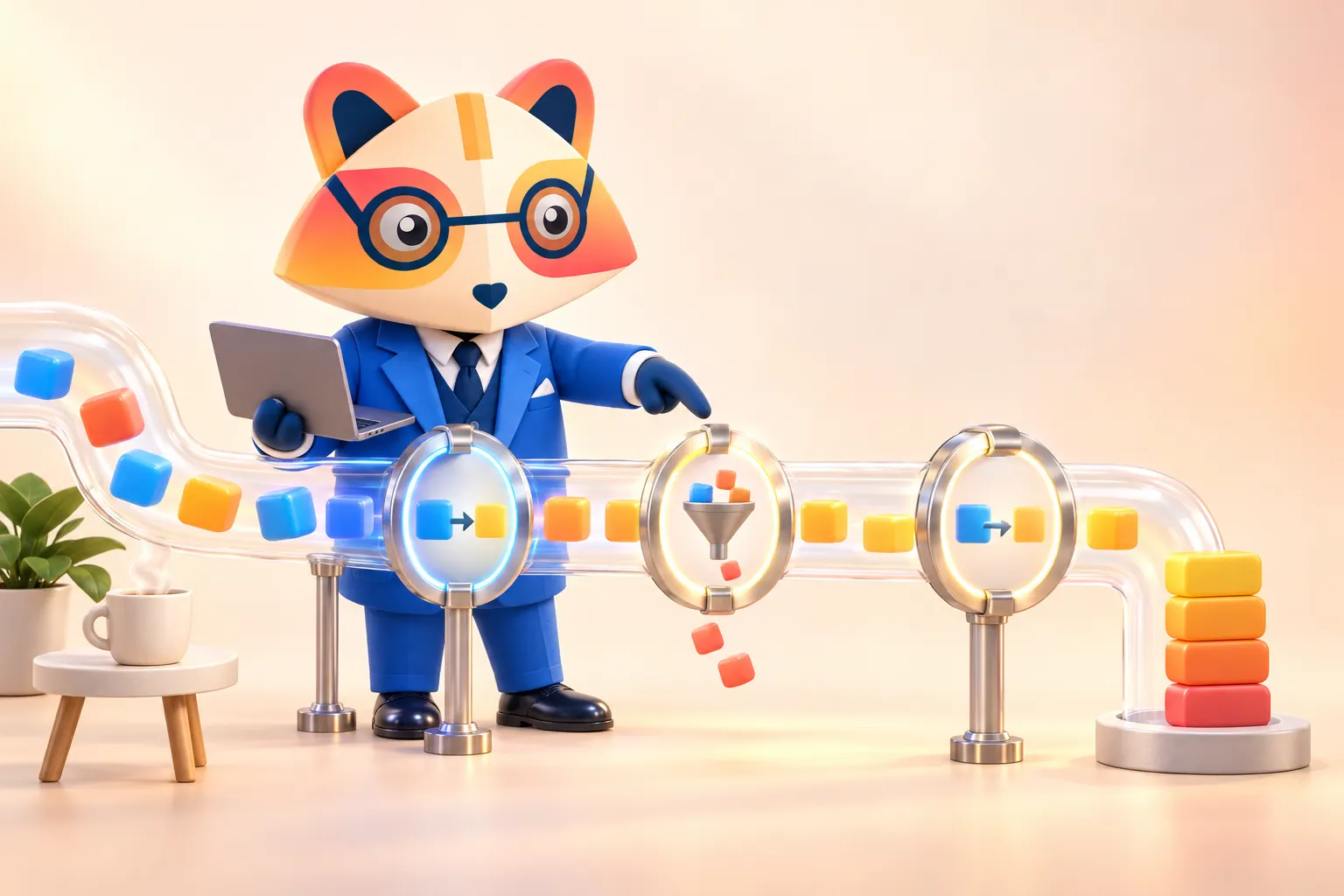 The Huru mascot holding a laptop and pointing at a transparent pipe where colored blocks pass through filter and transform rings into a sorted stack, with a coffee cup nearby