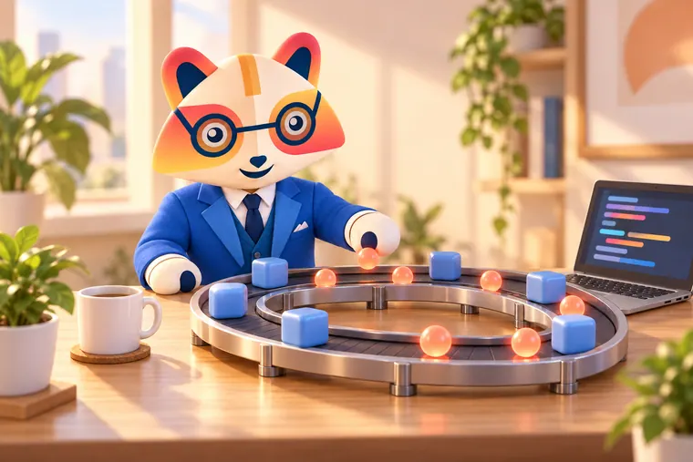 The Huru mascot places a small glowing sphere on the fast inner lane of a circular conveyor that also carries larger blue cubes, next to a laptop showing code