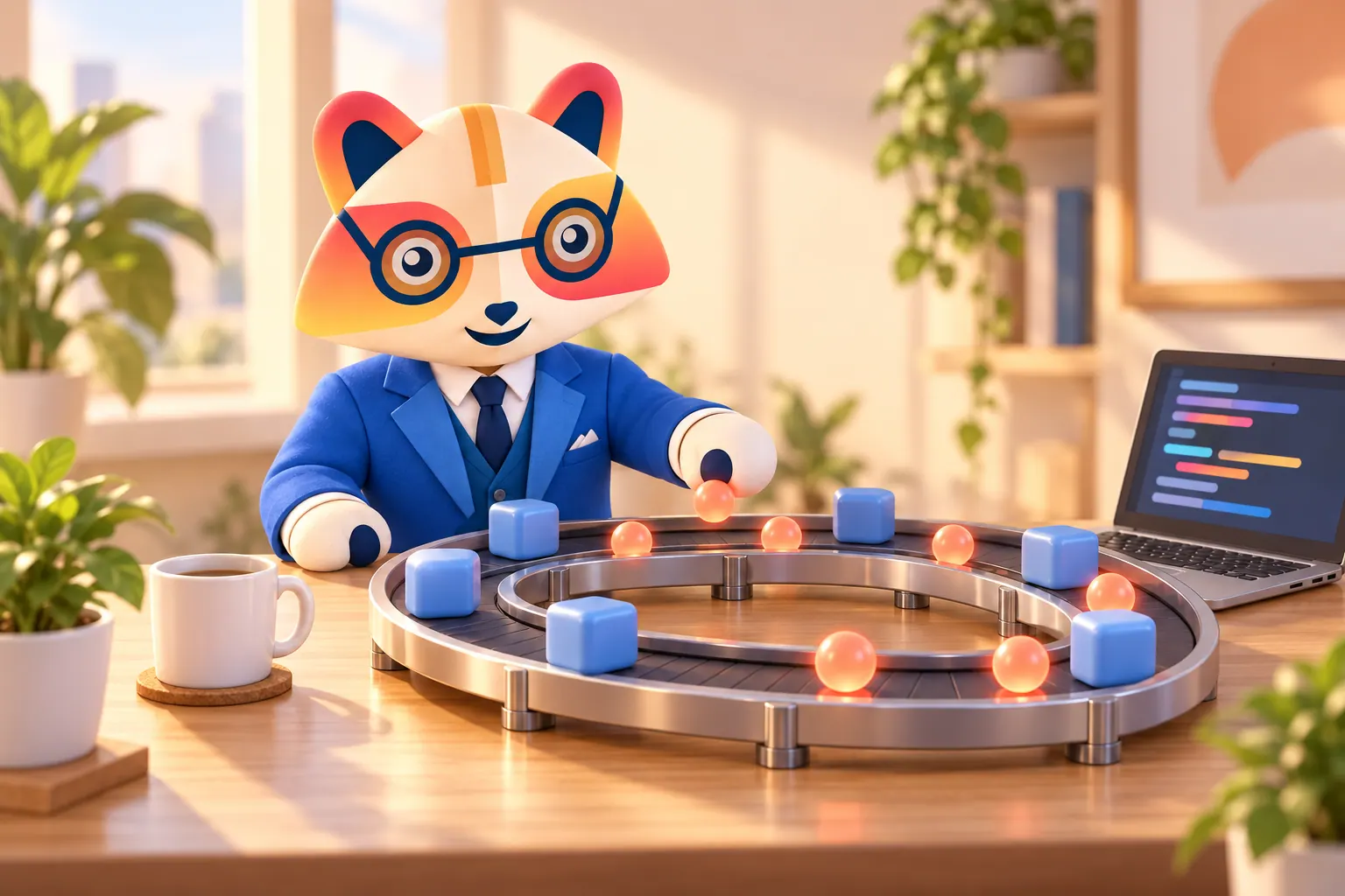 The Huru mascot places a small glowing sphere on the fast inner lane of a circular conveyor that also carries larger blue cubes, next to a laptop showing code