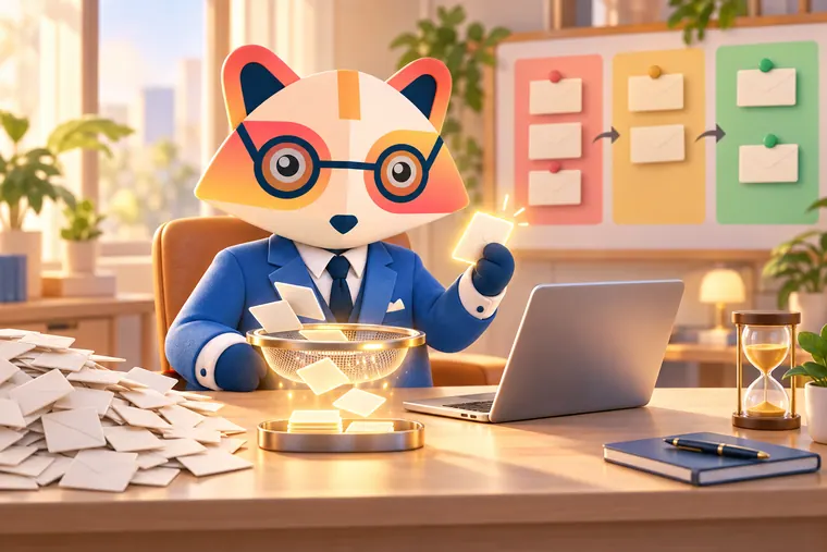 The Huru mascot at a desk holding one glowing card filtered through a sieve from a large pile of envelopes, with a laptop, an hourglass and a wall board of cards moving across three colored columns