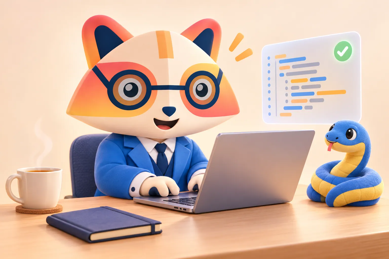 The Huru mascot typing happily on a laptop next to a plush blue and yellow snake, with a code panel and a green check mark floating nearby
