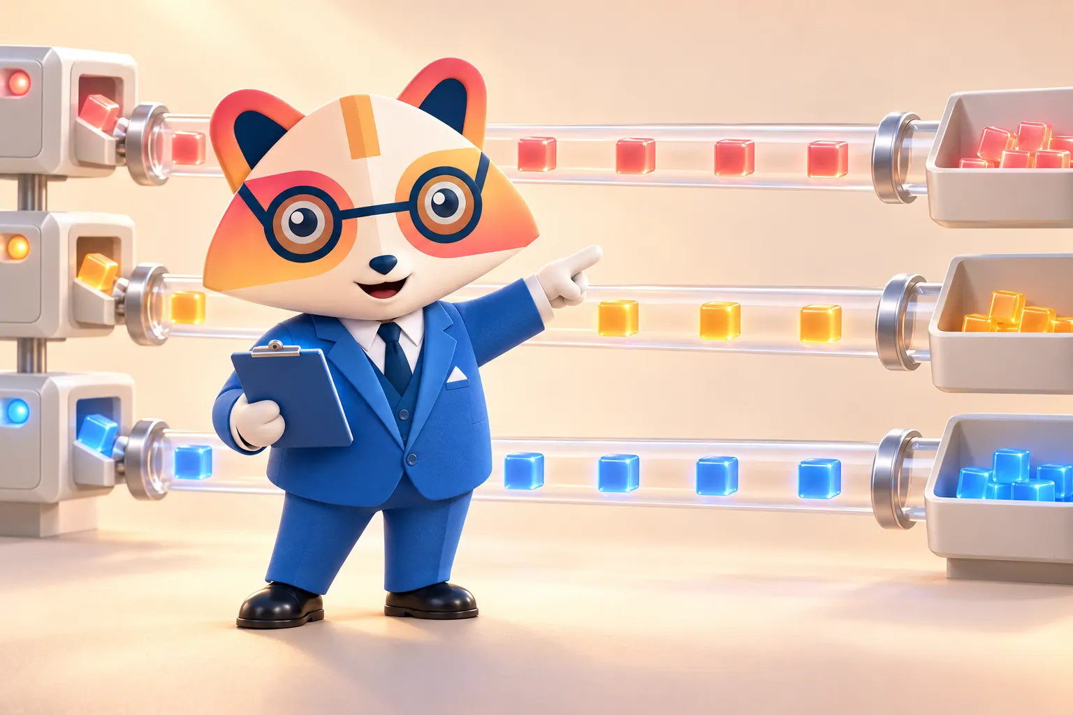 The Huru mascot pointing at three transparent tubes carrying ordered colored cubes from producer machines on the left to collection baskets on the right