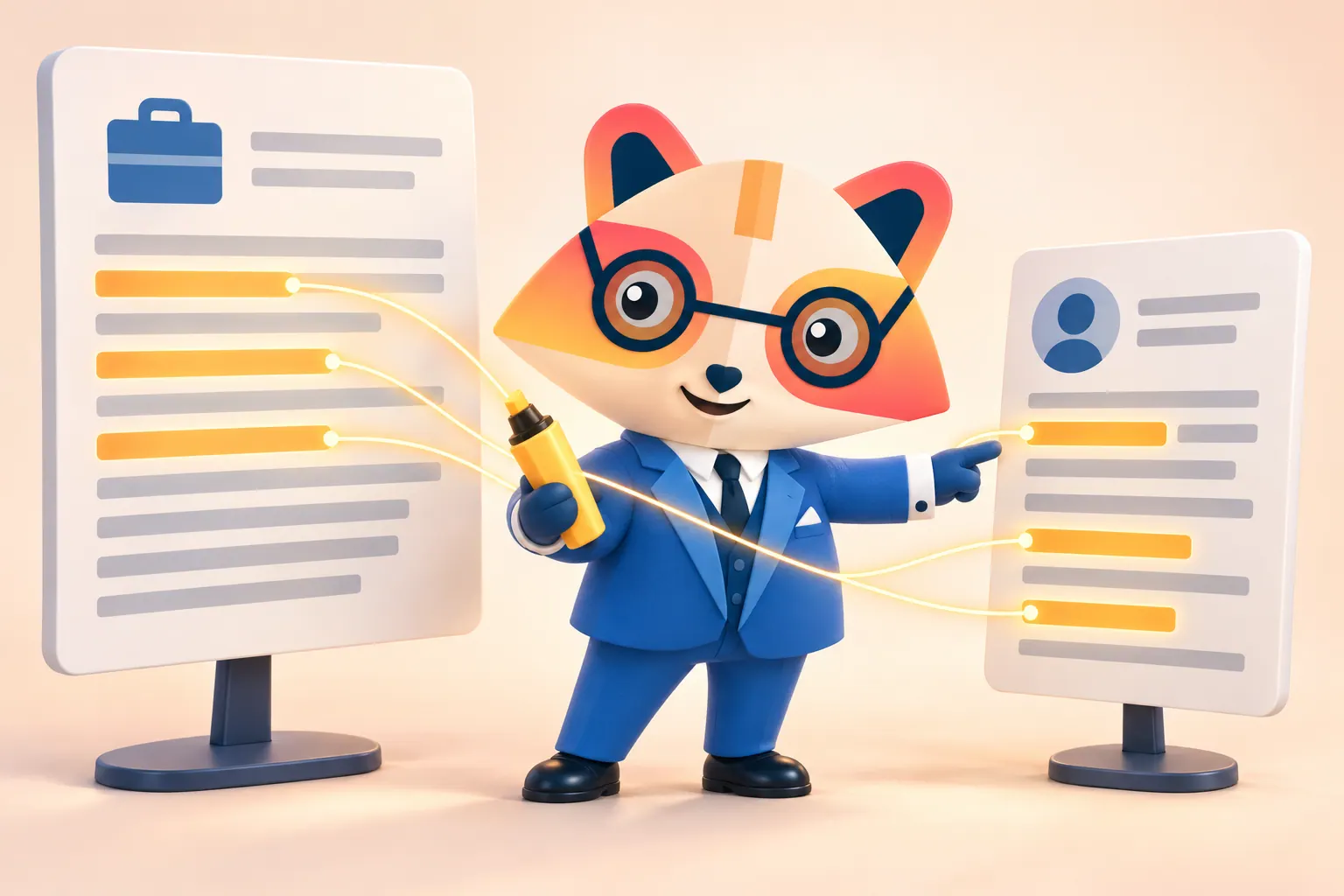 The Huru mascot holding a highlighter between a job posting and a resume, with glowing threads connecting matching highlighted lines on both documents
