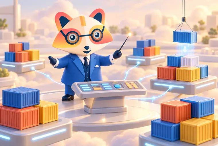 The Huru mascot conducting with a baton at a control console while colorful container blocks are grouped on floating platforms, with one container being replaced by a fresh one
