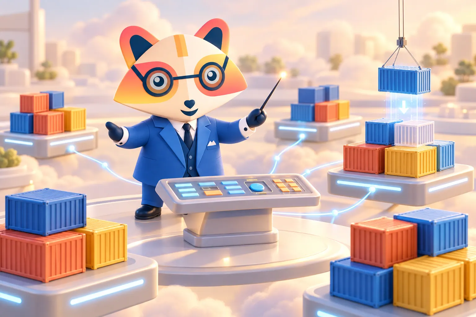 The Huru mascot conducting with a baton at a control console while colorful container blocks are grouped on floating platforms, with one container being replaced by a fresh one