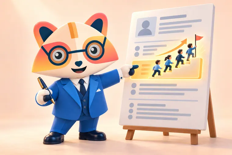 The Huru mascot holding a pen and pointing at a glowing section of a resume on an easel, from which a small team climbs stairs toward a flag beneath a rising arrow