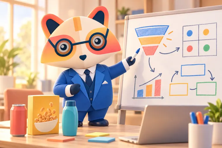 The Huru mascot pointing a marker at a whiteboard with a funnel, a two-by-two grid, a rising bar chart and connected boxes, beside a table with a soda can, a cereal box, a shampoo bottle and sticky notes