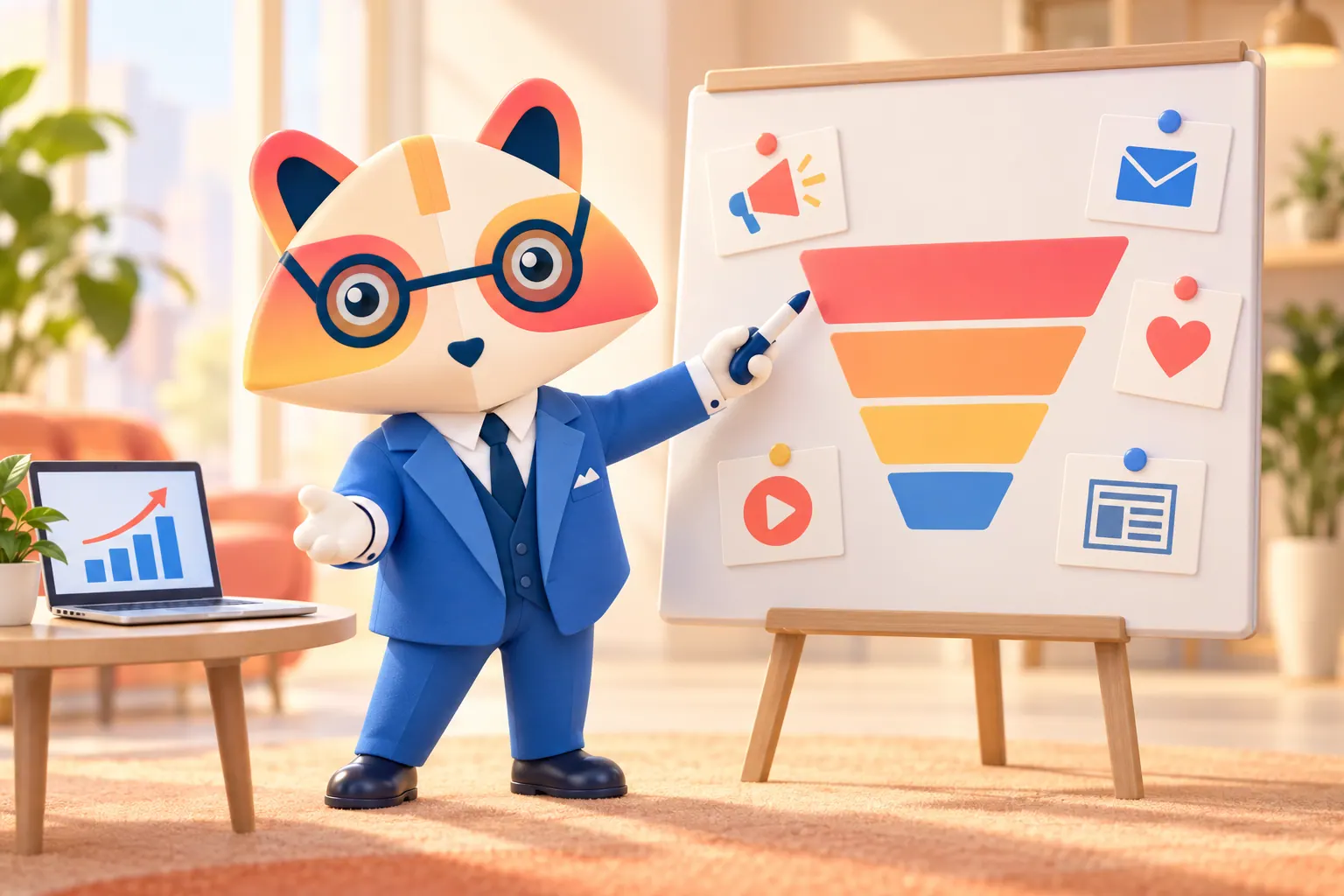 The Huru mascot pointing at a colorful marketing funnel on a board surrounded by cards with a megaphone, email, heart, play button and newspaper icons, with a laptop showing a rising bar chart