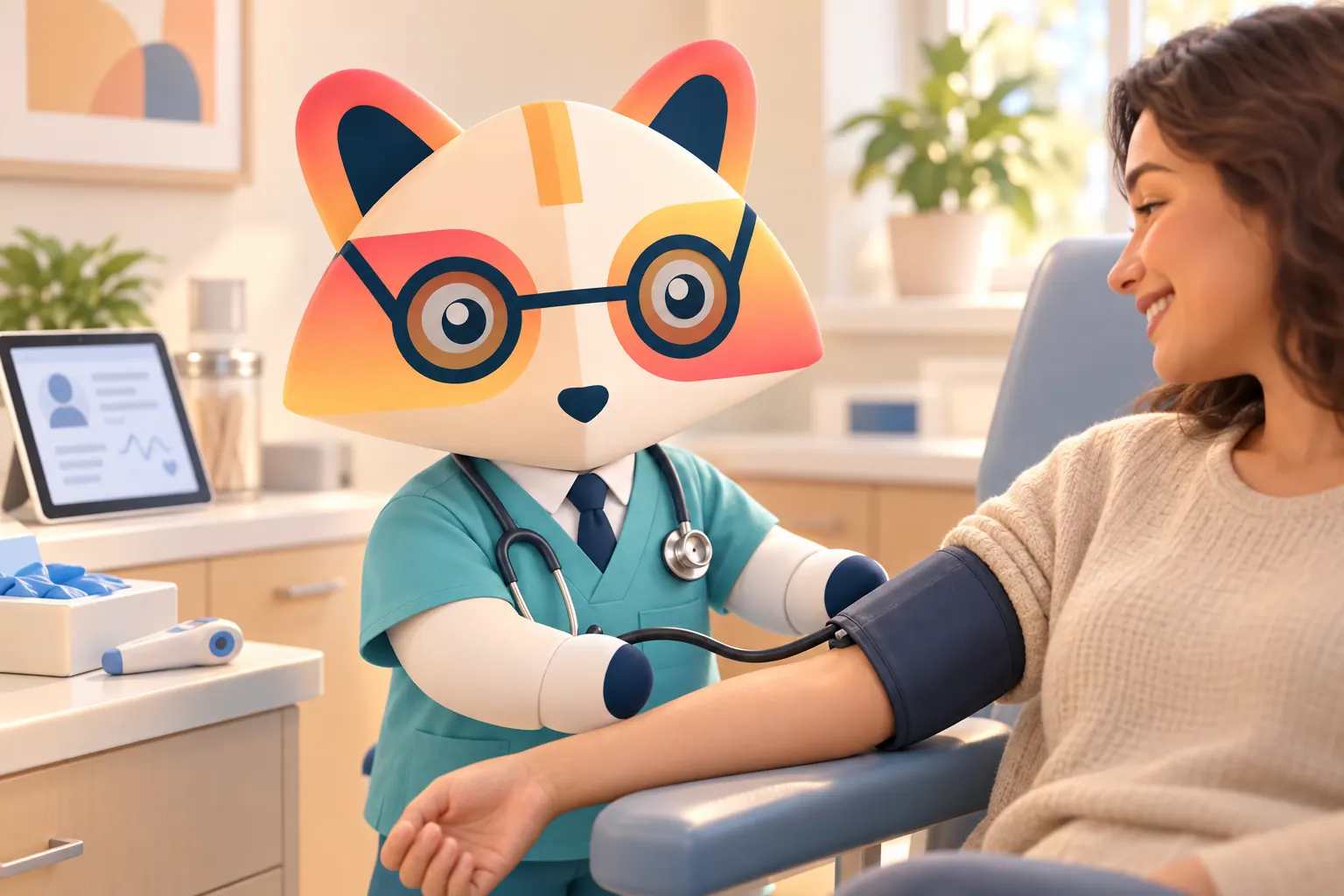 The Huru mascot in teal scrubs with a stethoscope placing a blood pressure cuff on a smiling patient's arm in a clinic exam room, with a tablet chart, gloves and a thermometer on the counter