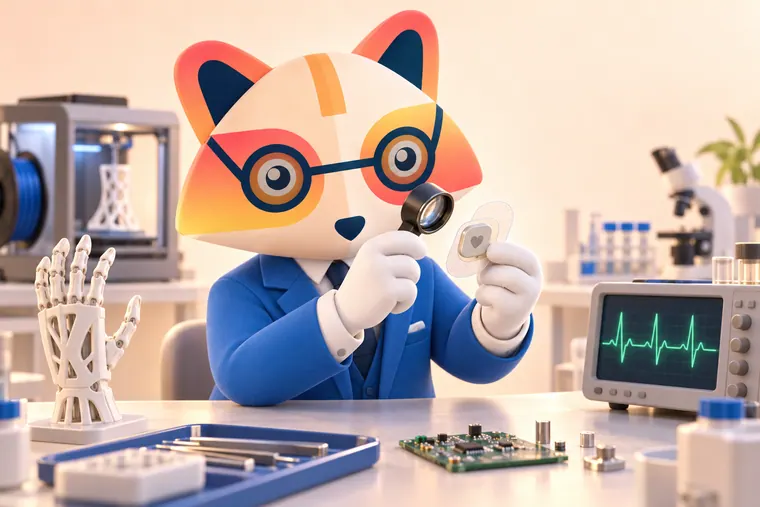 The Huru mascot at a lab bench inspecting a wearable heart monitor patch with a loupe, beside a 3D-printed prosthetic hand, an oscilloscope showing a heartbeat and a 3D printer