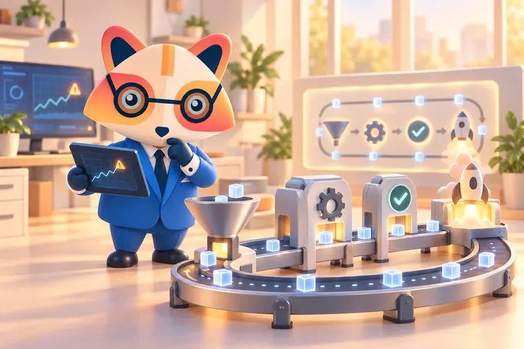 The Huru mascot holding a tablet with a drift alert beside a looping conveyor that carries glowing model cubes through data, training, validation and rocket deployment stations