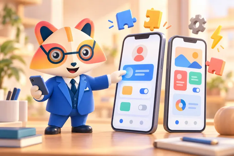 The Huru mascot holding a phone and tapping one of two large smartphones on a desk that show colorful app screens with cards, toggles and tab bars, with puzzle pieces, a gear and a lightning bolt floating above
