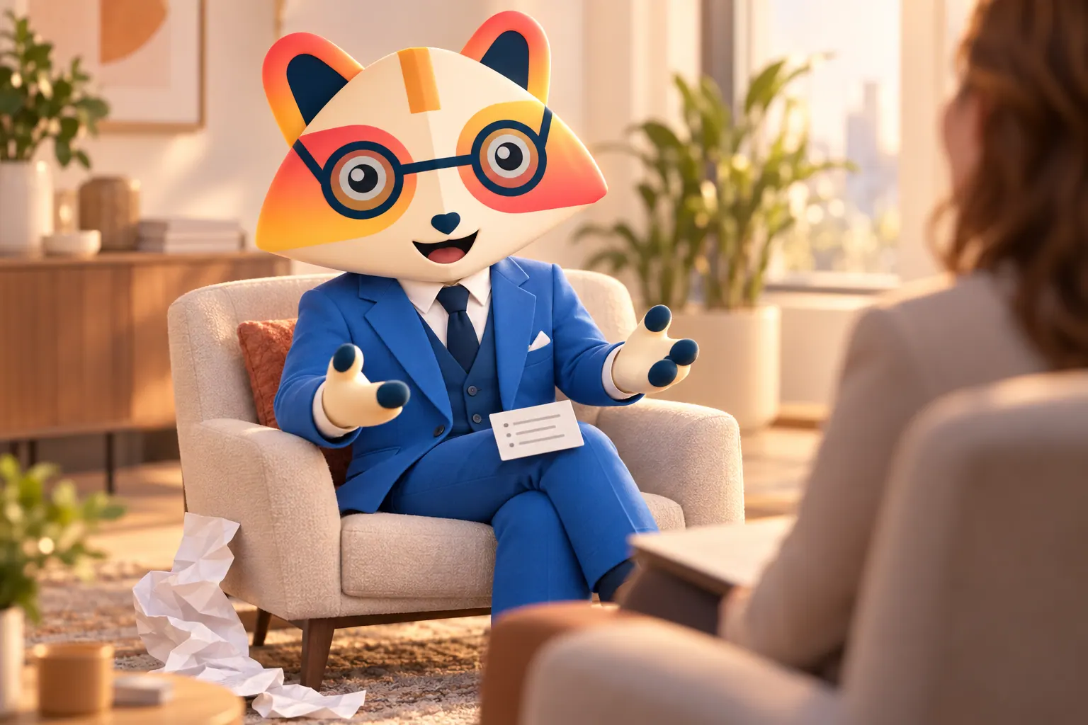 The Huru mascot relaxed in an armchair, talking with open hands to an interviewer, with a crumpled long script on the floor and a small index card with three short lines resting on its knee