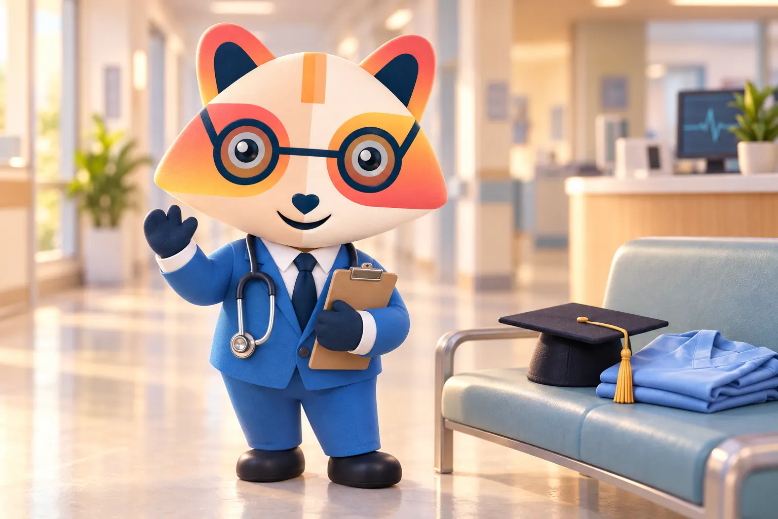 The Huru mascot in a suit with a stethoscope, holding a clipboard and waving in a bright hospital hallway, next to a bench with a graduation cap and folded light blue scrubs