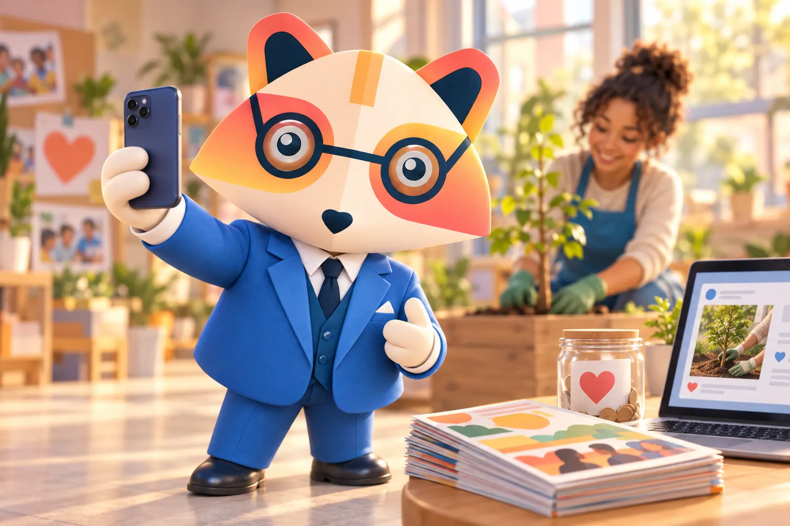 The Huru mascot filming with a smartphone in a bright community center while a volunteer plants a small tree, with newsletters, a donation jar with a heart and a laptop showing a social post on the table