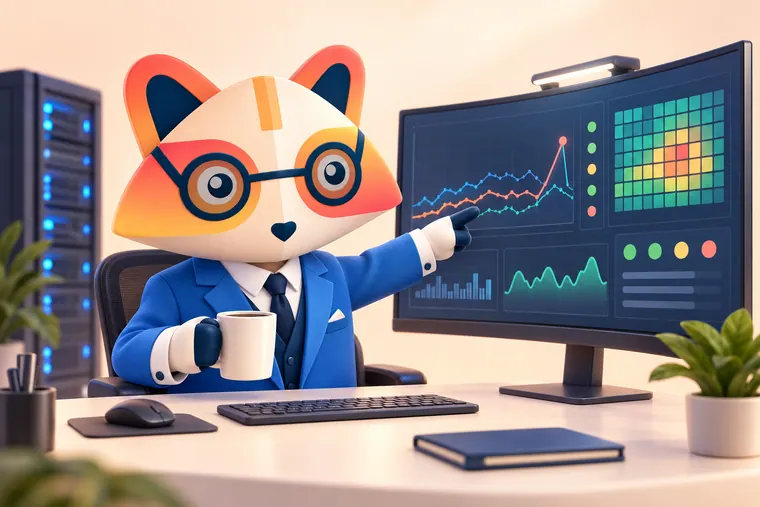 The Huru mascot holding a coffee mug and pointing at a spike on a monitoring dashboard with graphs, a heat map and status dots