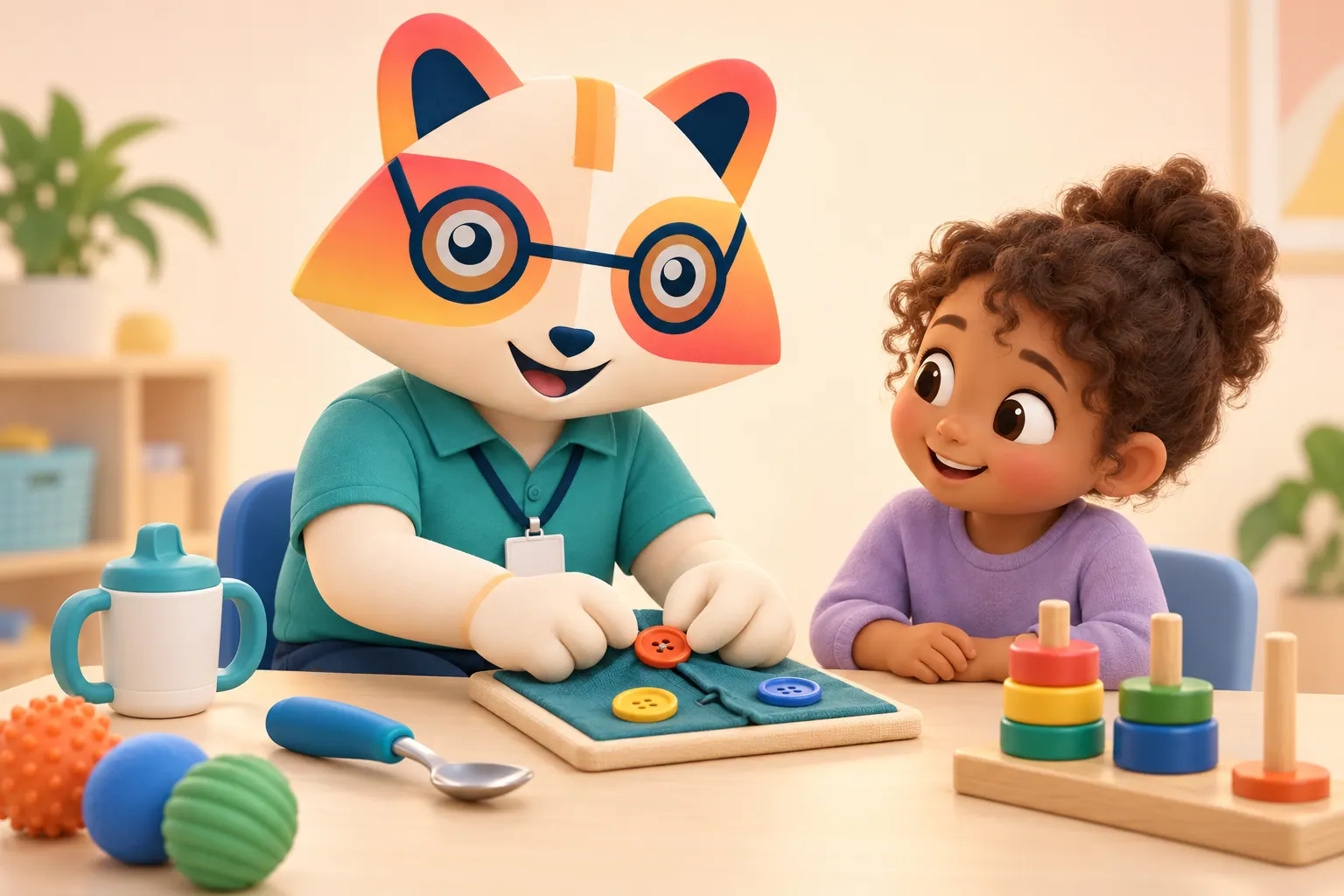 The Huru mascot in a teal polo demonstrating a large button on a practice board to a smiling child at a therapy table with adaptive tools