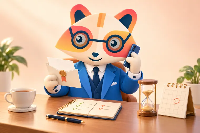 The Huru mascot at a desk holding an opened offer letter with a wax seal and a phone to its ear, next to an hourglass, a desk calendar with a circled day and a pros and cons notebook