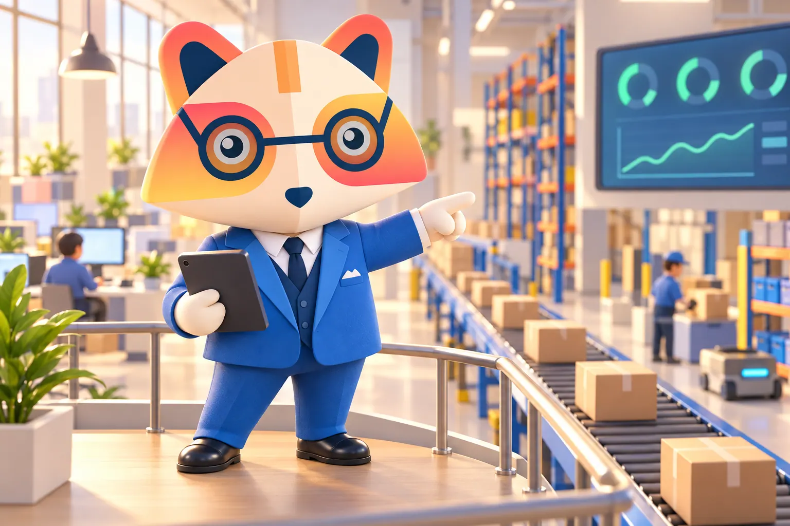 The Huru mascot holding a tablet and pointing from a raised platform over a bright operations floor with a conveyor of boxes, color-coded shelves and a wall display of green gauges and a line chart