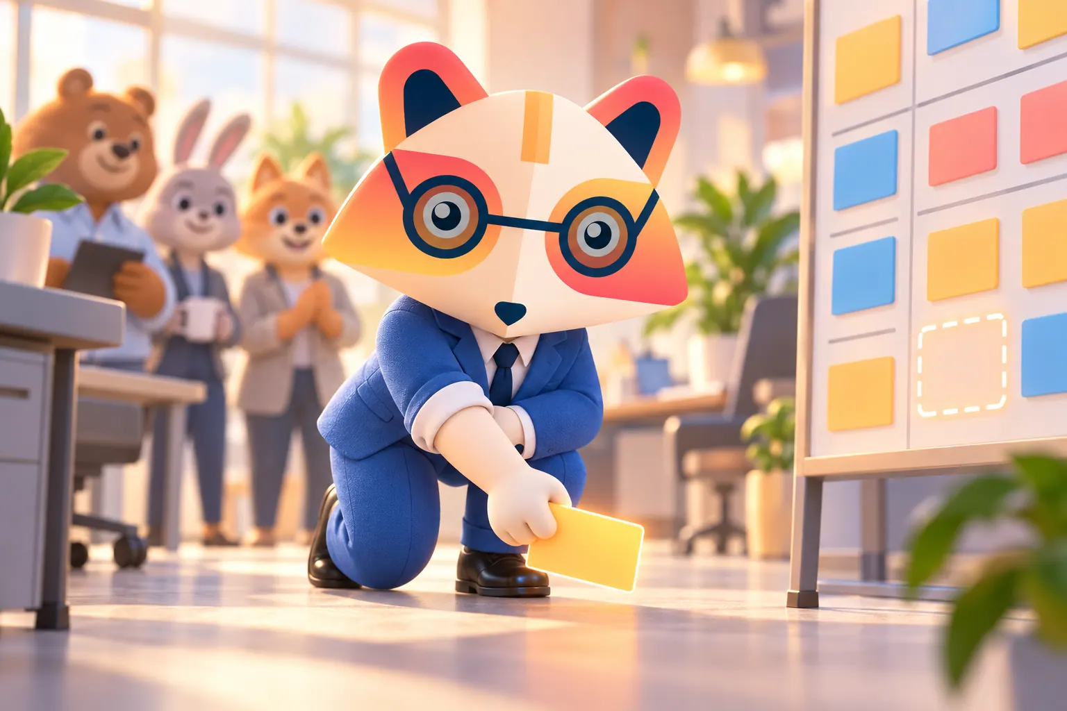 The Huru mascot kneeling to pick up a glowing task card from the office floor while colleagues watch, next to a board with an empty highlighted slot where the card belongs