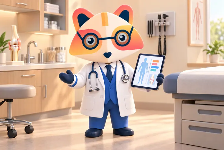 The Huru mascot in a white coat with a stethoscope in an exam room, gesturing while holding a tablet with a body outline and colored bars, with a knee model and otoscopes in the background