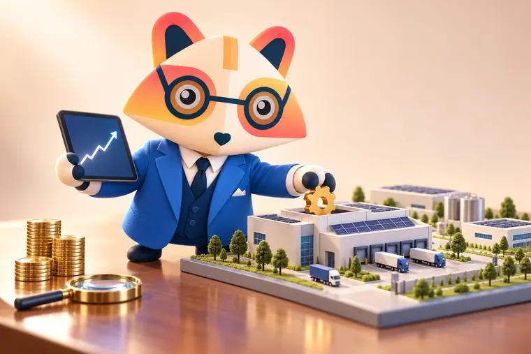 The Huru mascot placing a golden gear on the roof of a miniature factory campus model while holding a tablet with a rising chart, next to stacks of coins and a magnifying glass