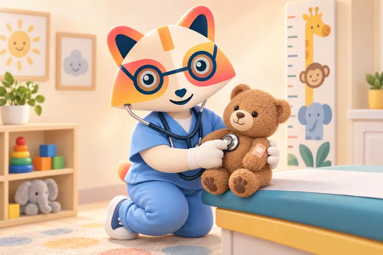 The Huru mascot in light-blue scrubs kneeling beside an exam table, listening to a bandaged teddy bear's heart with a stethoscope in a cheerful pediatric room
