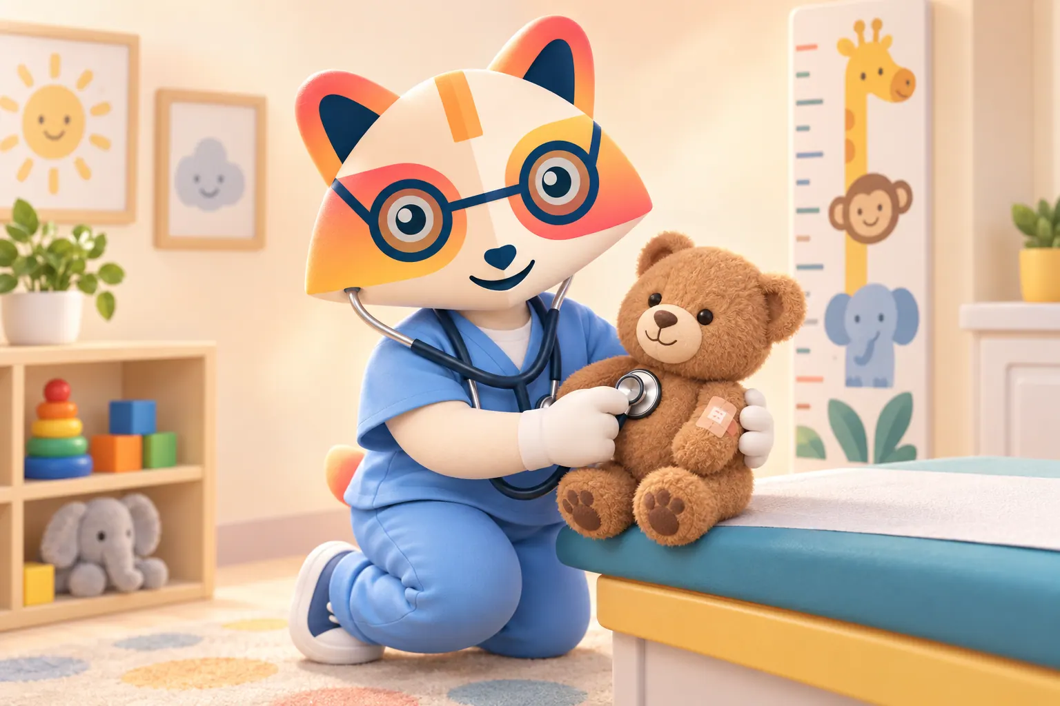 The Huru mascot in light-blue scrubs kneeling beside an exam table, listening to a bandaged teddy bear's heart with a stethoscope in a cheerful pediatric room