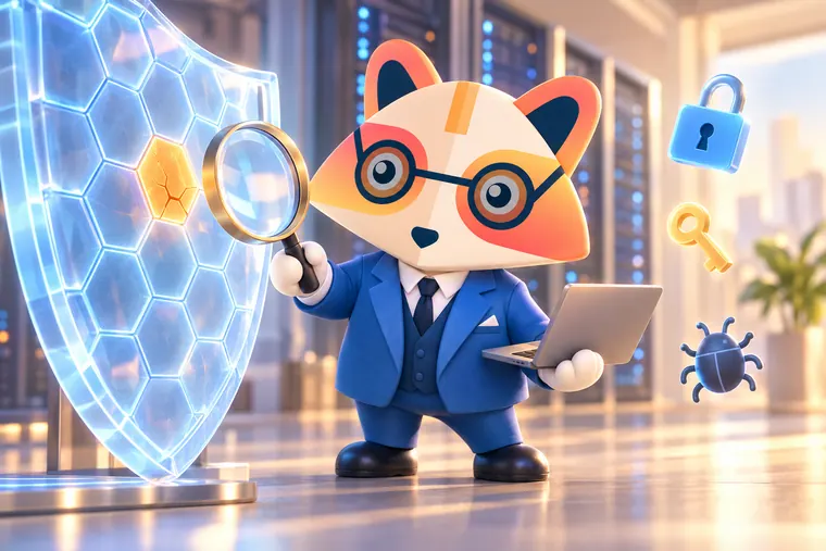 The Huru mascot holding a laptop and examining a cracked amber tile on a glowing hexagon shield with a magnifying glass, with a padlock, a key and a bug floating nearby and server racks behind